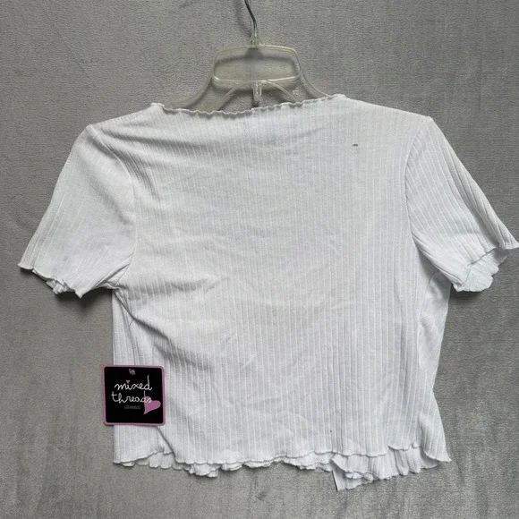 Mixed Threads Shirt Juniors Medium White Ribbed Tie Front Cropped Ruffle - Picture 4 of 6